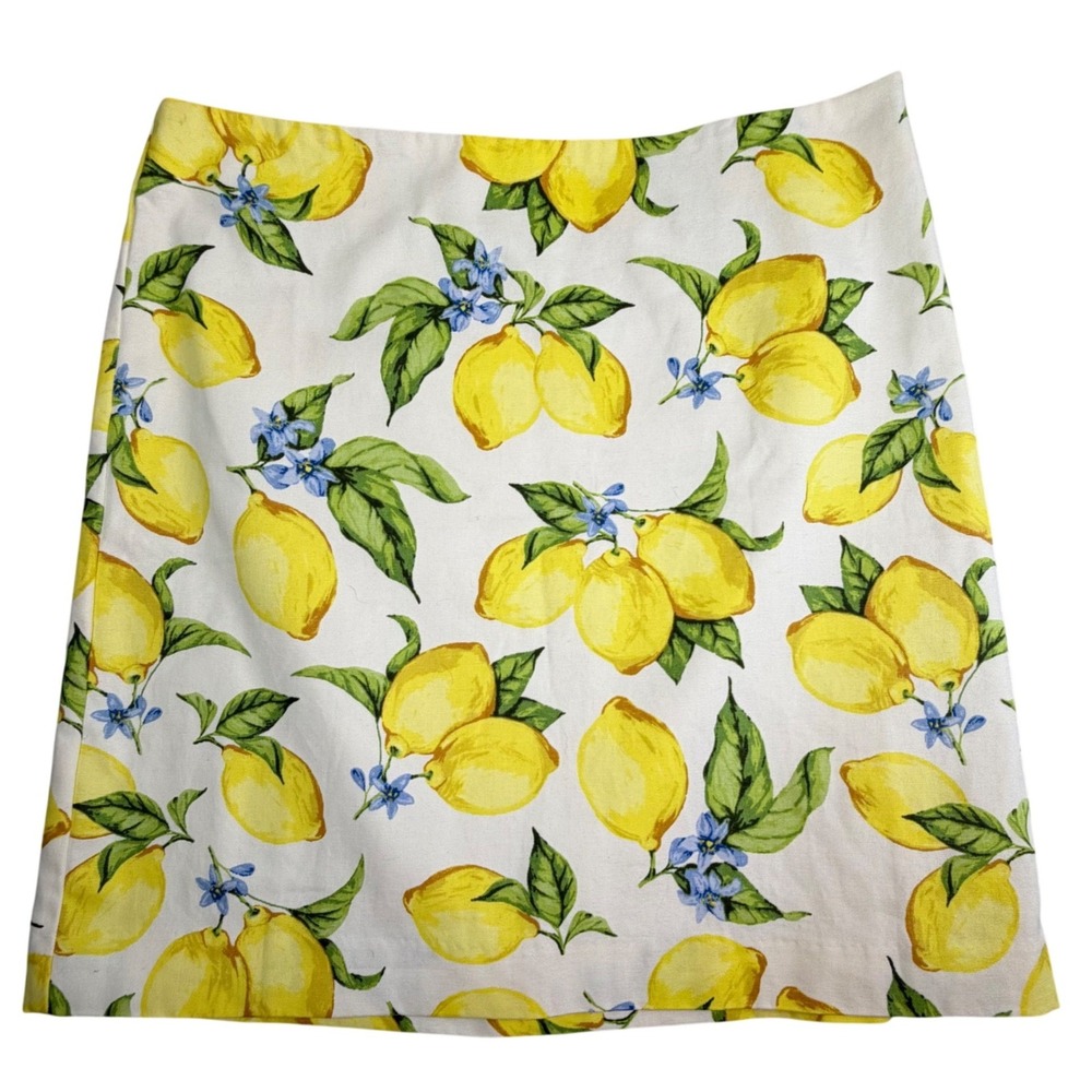 Talbots Lemon Print A-Line Skirt White Yellow Citrus‎ Amalfi Coast Preppy 10